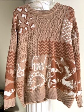YWFG Vintage Dinosaur Cable Knit Tan Sweater Patchwork Novelty Size Large Unisex